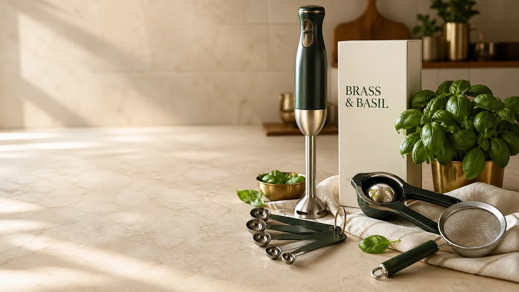 Warm Brass & Basil kitchen with considered cooking tools
